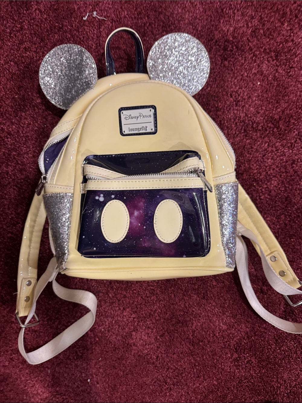 Loungefly Cream Backpack with Silver Glitter Mickey Ears and Galaxy Pocket